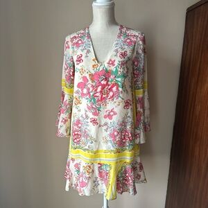 Anthropologie silk Floral Mini Dress - Pink, Yellow, Cream